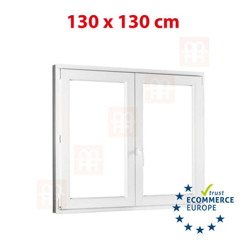 Ventana de plástico | 130x130 cm (1300x1300 mm) | blanca | de dos hojas sin parteluz (parteluz) | derecha